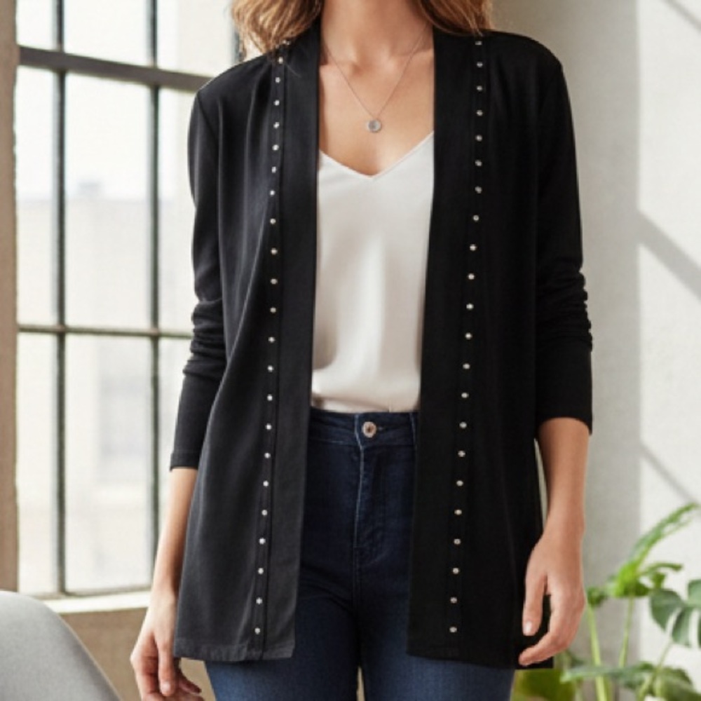 Studded Open Front Rafaella Black Cotton Knit Cardigan Size MP Petite Medium - Picture 1 of 9
